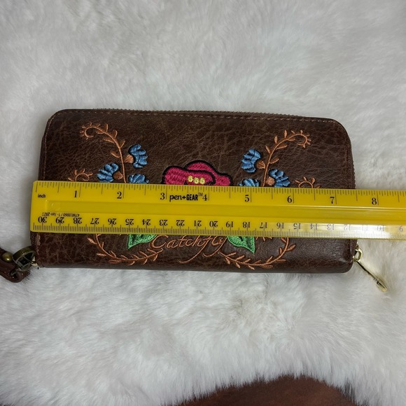 Catchfly Wallet Western Embroidered Rose Chestnut Brown Wristlet Wallet - Picture 4 of 7